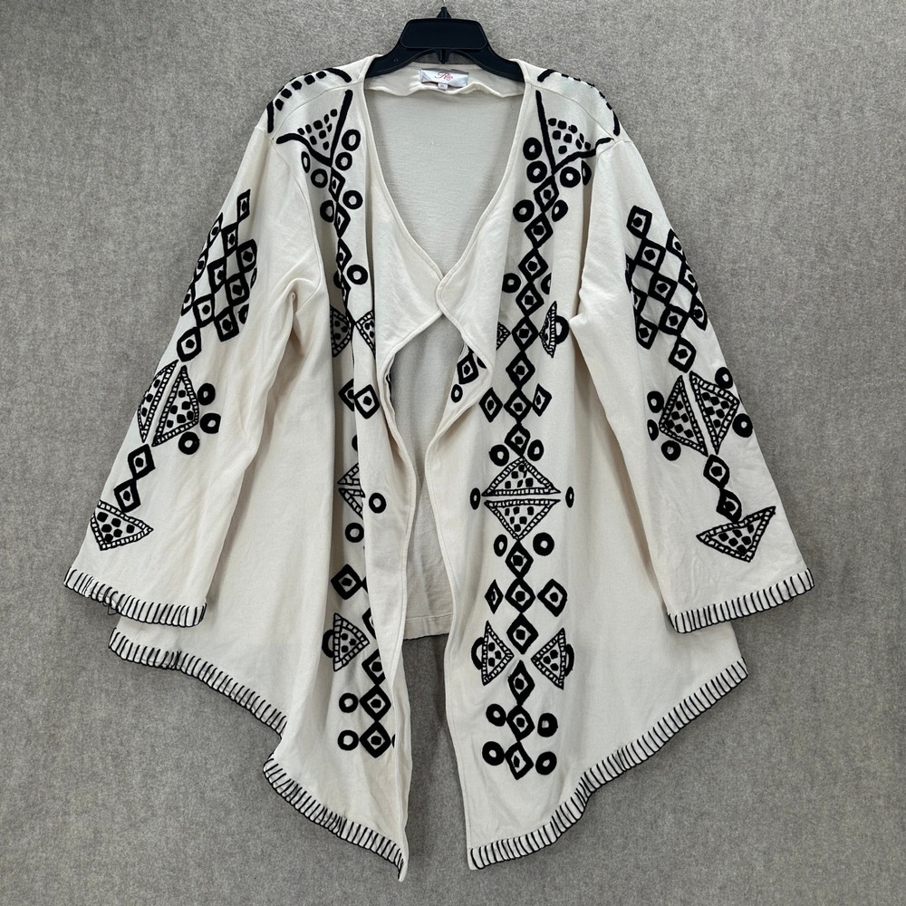 Roja XL Southwestern Tribal Embroidered Open Front Cardigan Boho Cream Black